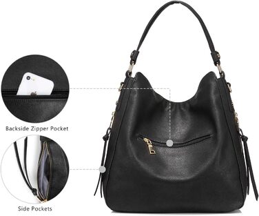 Жіноча сумка-шопер Reaer середнього розміру, чорна PU шкіра, сумка через плече, вінтажна Hobo Bag для роботи, офісу та покупок (L, Чорний)