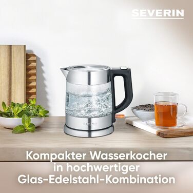 Електрочайник SEVERIN WK 3468, 1 л, скло та нержавіюча сталь, з фільтром від накипу, компактний, чорний