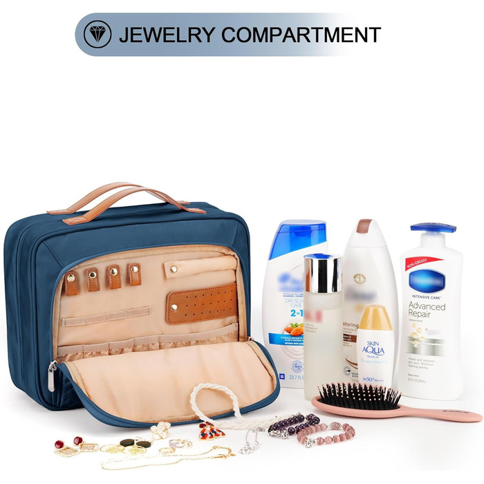 Сумка-органайзер для туалетних аксесуарів для жінок, велика, водонепроникна, з відділенням для прикрас, для подорожей, темно-синя