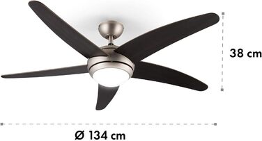 Вентилятор стельовий Klarstein Bolero 134 см з підсвіткою, 55W, дерев'яні лопаті, пульт, 50 dB, 3 швидкості, горіх