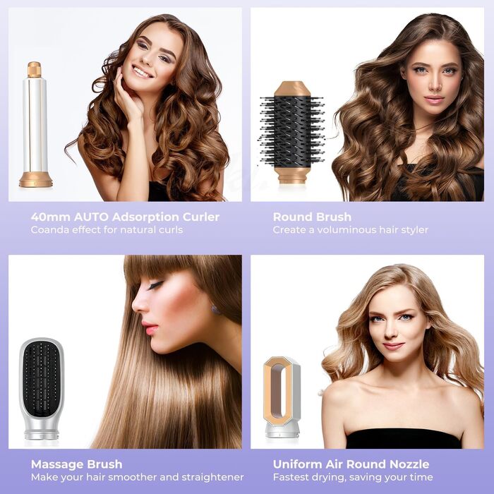Набір для укладки волосся 6 в 1, Мультистайлер, Автоматичний локонів, Фен-щітка, Гаряча повітряна щітка, Для створення укладок, Випрямлення, Сушіння, Об'єм, Локони, Білий
