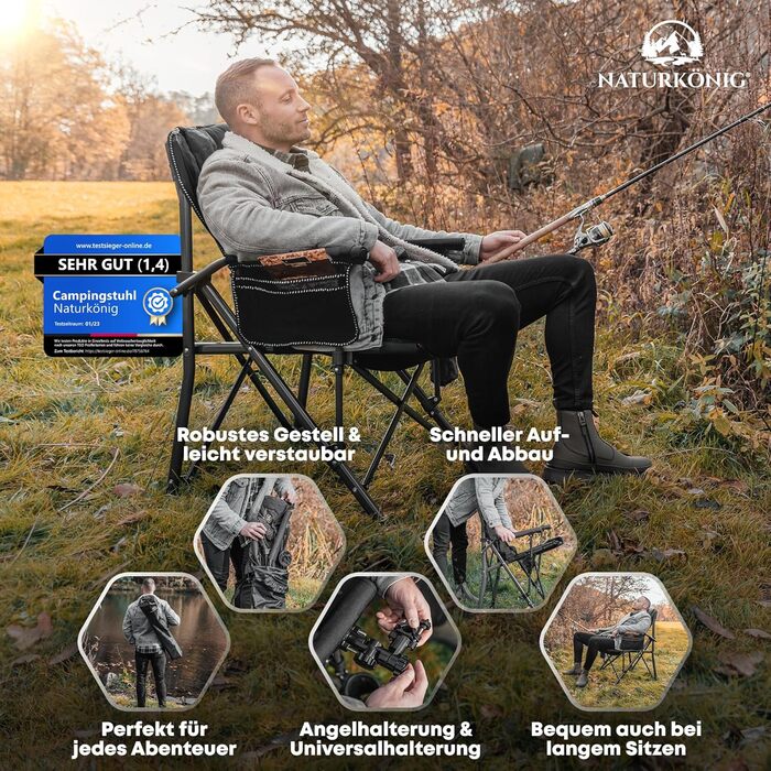 Крісло кемпінгове складане посилене до 160 кг з подушкою, підсклянником та сумкою для зберігання - для риболовлі, пляжу, відпочинку на природі (Чорне)