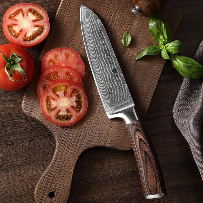 Японський ніж Santoku Wakoli EDIB з дамаської сталі (17 см) з VG10-серцем | Професійний кухонний ніж для приготування їжі | У подарунковій коробці з дерев'яною ручкою Pakkaholz