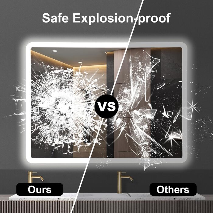 Дзеркало для ванної кімнати з підсвіткою 100x60 см, сенсорне керування, IP65, 3 кольори, функція пам'яті, HD скло, горизонтальне/вертикальне встановлення