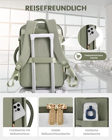 Рюкзак LOVEVOOK 40L для ручної поклажі, 17.3 дюйми, розширюваний, для подорожей та бізнесу (40x30x20cm, зелено-бежевий)