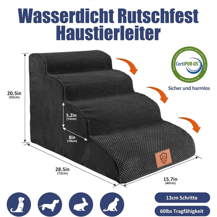 Dog Stairs, Dog Stairs 50cm High, Pet Stairs 4 Steps, Removable Non-Slip Foam Dog Ramp, Dog Stairs for Small Dogs and Cats, Washable Cat Stairs (Pet Stairs 4 Steps, black)