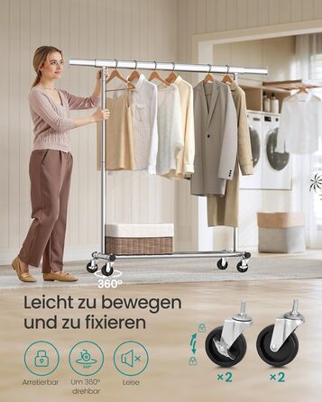 SONGMICS Clothes Rack on Wheels, Heavy-Duty Garment Rack, Extendable Clothes Rod, Load Capacity up to 100 kg, Easy Assembly, Portable, Silver HSR13S