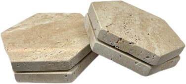 HAMAKAWA Genuine Natural Marble Coasters, Set of 4, Stone Coasters Φ10cm, Modern Round Travertine Drink Coasters for Home Decoration, Coffee Table, Office (4Inch-Hexagon, Beige)