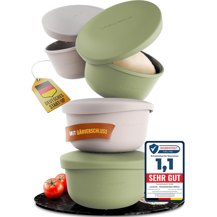 LOEWERK Pizza Ball Box with Lid – 4-Piece Set – Breathable Dough Box for Perfect Pizza Dough - Space-Saving Silicone Pizza Dough Box with Lid, Pizza Box, Pizza Ball Box, Proofing Box – Olive/Gray