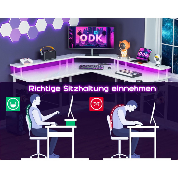 ODK Gaming Table with LED, Gaming Desk with 2 Outlets and 2 USB Charging Ports, PC Table Gaming with a Generous Monitor Stand, Gamer Desk in Carbon Fiber White, 129x129 cm