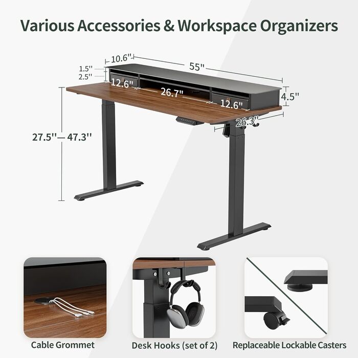 FEZIBO Electric Standing Desk with 2 Drawers - 140x60cm Adjustable Height Desk with Memory Control, Anti-Collision System, Light Brown Home Office Desk