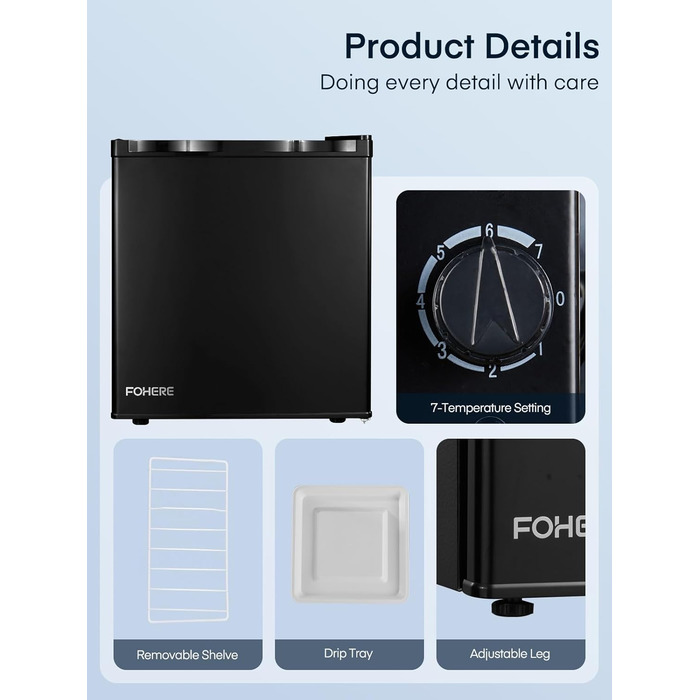 Міні-холодильник 46л з відділенням для льоду, чорного кольору. Енергоефективний, з регулюванням температури та змінним напрямком відкривання дверцят. Ідеально підходить для кухні, офісу, спальні, готелів та невеликих квартир.