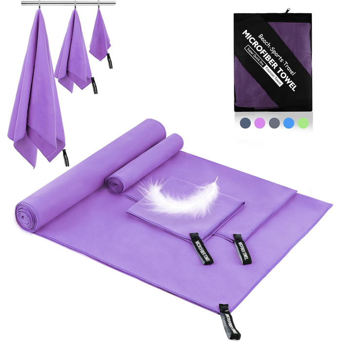 Набір рушників Neerow з мікрофібри (3 шт.): великий (152x76 см), фітнес (80x40 см), маленький (30x30 см), фіолетовий