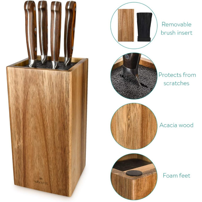 Navaris Acacia Wood Knife Block with Brush Insert - Unloaded Knife Block made of Wood - Universal for Kitchen Knives, Chef's Knives, and Kitchen Utensils