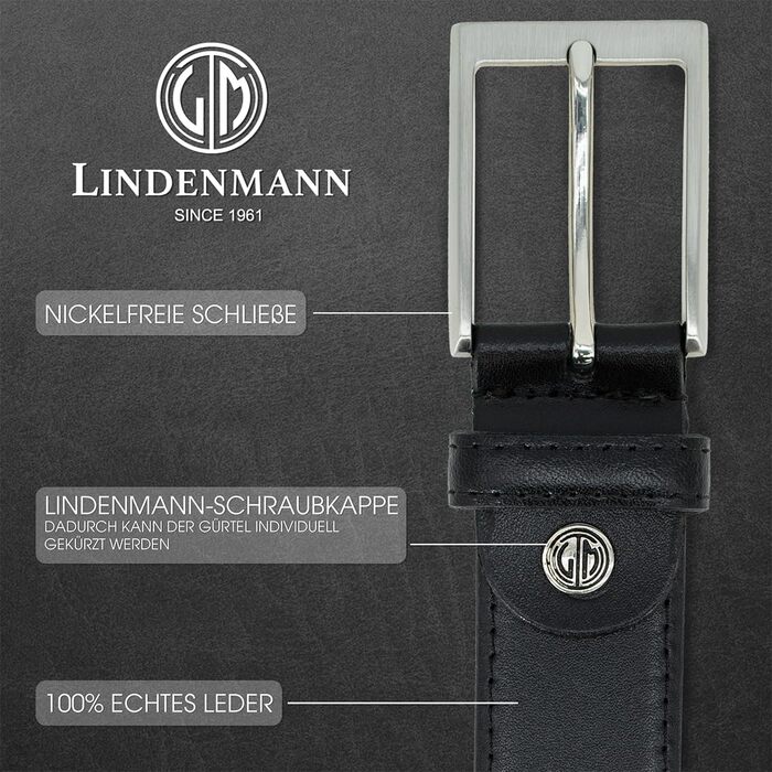 Чоловічий шкіряний ремінь Lindenmann, ширина 35 мм, чорний, повноецінний, розмір 110 см, довжина 125 см, W 43.3 XL