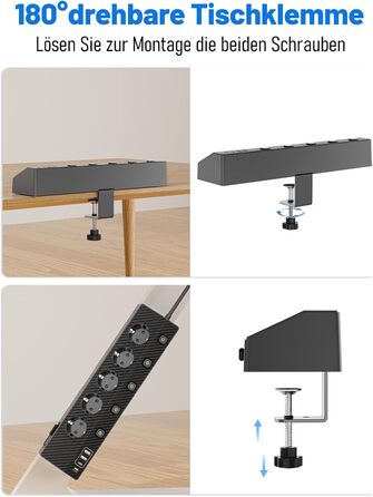 Мережевий адаптер PASSUS з 5 розетками, 2 USB-C (PD 30W), захист від перенапруги, індивідуальне вмикання, 10-в-1, з кабелем 2м, для офісу, чорний