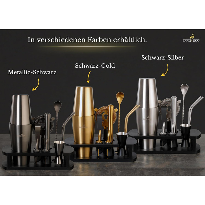 Barmingo Stainless Steel Cocktail Set - 11 Piece Boston Shaker Set with Stand & Bar Accessories | Cocktail Shaker Set, Bartender Set, Bar Set | Black Silver