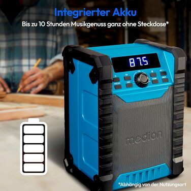 MEDION E66877 DAB+ Радіо для будівельних майданчиків: Bluetooth 5.0, IP44 (вологозахист), LED-ліхтар, акумулятор та мережа, DAB+ радіоприймач