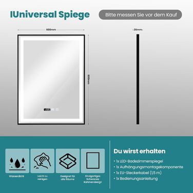 Дзеркало YOURLITE з підсвічуванням 70x50 см, LED дзеркало для ванної кімнати з сенсорним вимикачем, годинником, 3 кольори світла, регулювання яскравості, антизапарник, пам'ять, срібний (чорний, 80x60 см)