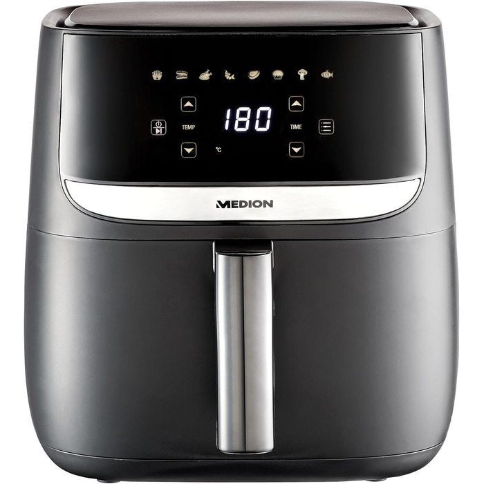 Аерофритюрниця MEDION E50 XL, 5,7 л, 1700 Вт, цифрова панель, 8 програм, без олії, чорна