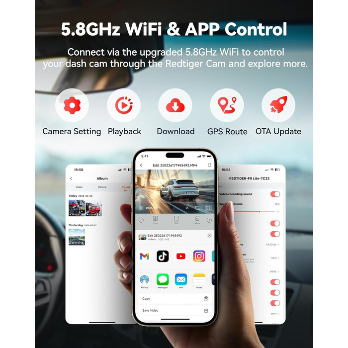 Відеореєстратор REDTIGER F9: 4K/1080P, WiFi, GPS, 32GB карта, запис по колу, нічне бачення, паркувальний режим, керування через додаток, підтримка до 256GB