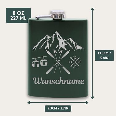 Фляга з нержавіючої сталі з гравіюванням Flanacom, 227мл (8oz), з воронкою. Ідеальний подарунок для гірськолижників та чоловіків. Персоналізована гравіюванням (дизайн 6, зелений).