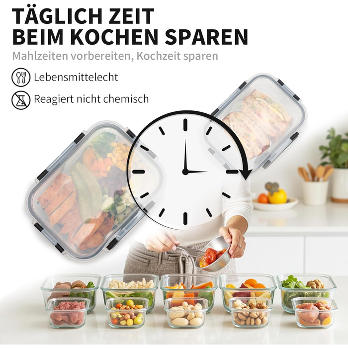 Набір контейнерів для зберігання Glas Frischhaltedosen Set з боросилікатного скла з кришкою, BPA-free, герметичні, для мікрохвильової печі, духовка, посудомийна машина – контейнери для Meal Prep для кухні, офісу (SA1637-black)