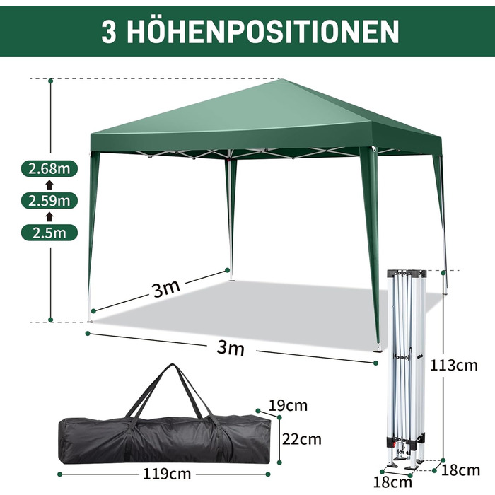 LEADZM 3x3m Pavilion, Pop-up Folding Pavilion, Stable, Waterproof, Steel Frame, Adjustable Height, UV Protection 50+, Garden Tent, Party Tent, for Garden, Party, Camping (Green)