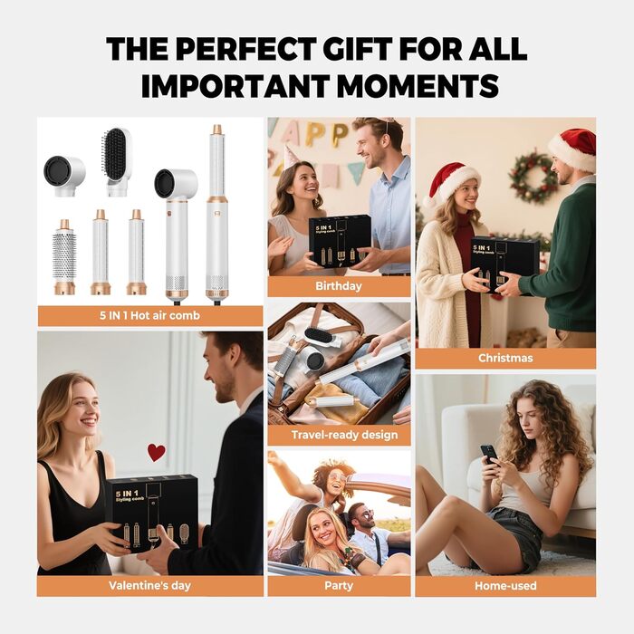 OKWRAP Hairstyler 5 в 1: Набір для укладки волосся, фен з іонами, автоматична плойка, термощітка, випрямляч. Ідеально для випрямлення, сушіння, створення об'єму та локонів. Білий, золотий.