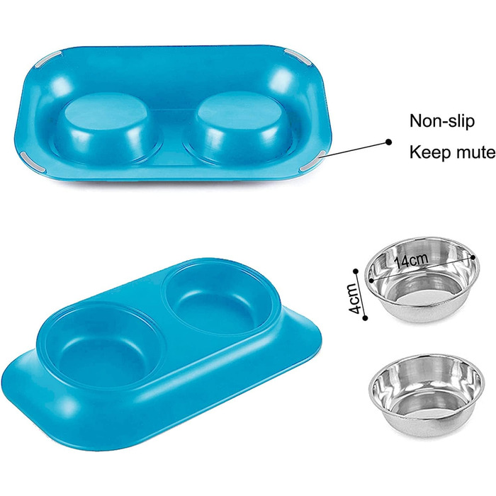 Підвищений годівниця для кошенят та цуценят, з нержавіючої сталі, з підставкою, захист шийного відділу хребта, нахил 15°, неслизька, подвійно піднята годівниця для домашніх тварин, для котів та маленьких собак (подвійний миска / Blue)