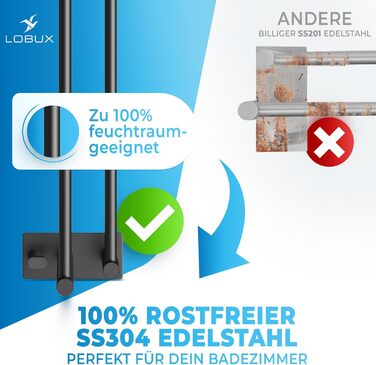 Тримач для рушників без свердління, нержавіюча сталь, чорний - з двома гачками, 80 см, для ванної кімнати, душової кабіни, кухні