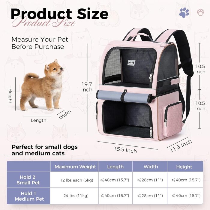 Подвійний рюкзак для котів на 2 котів, великий транспортний рюкзак для домашніх тварин, складаний рюкзак для котів та собак до 11 кг (рожевий)