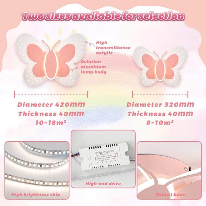 LED Ceiling Light Pink Butterfly Ceiling Lamp Dimmable with Remote Control, Night Light Function, Children's Room Bedroom Living Room Hallway Boys and Girls Bedroom Ceiling Lights 45cm