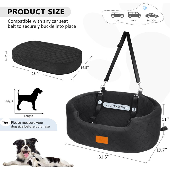 Dog Car Seat for Medium/Large Dogs (Up to 25 kg) or 2 Small Dogs - with Safety Leashes & Washable Cushion - Black Rear Seat Cover