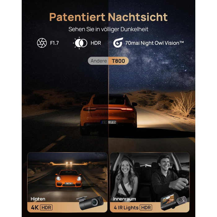 3-канальний автомобільний відеореєстратор 70mai T800E 4K (Передня, Задня, Салонна камери), HDR, ІЧ нічний режим, 24ГД нагляд, GPS, WiFi 6, Суперконденсатор, 64GB SD карта