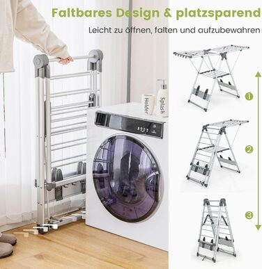Стійка для сушіння білизни COSTWAY розкладна, сушилка для одягу висувна, з регульованою висотою та крилами, з полицею для взуття, для дому та вулиці (оновлена версія)