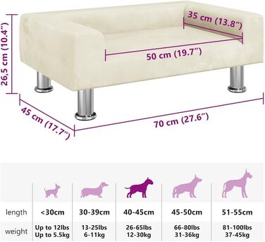 Крісло-ліжко для собак, м'яке ліжко для тварин, лежанка для маленьких собак та котів, світло-кремовий оксамит (70 x 45 x 26.5 см)
