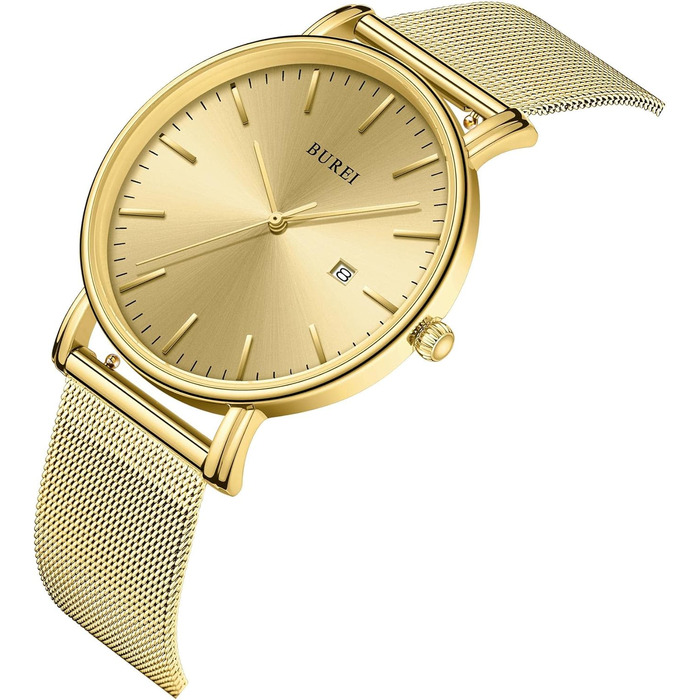 Годинник чоловічий BUREI Ultra Slim з датою, аналоговий, кварцовий механізм (сталь, золото)