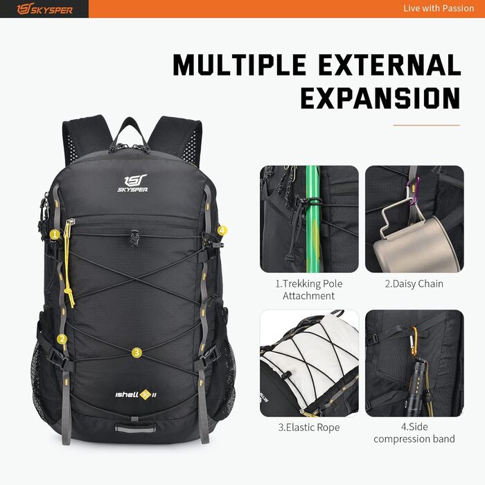 SKYSPER ISHELL 30 Foldable Backpack 30L Ultra-Light Daypack Packable Daypack Waterproof Hiking Backpack Travel Backpack for Camping Outdoor Hiking Traveling (Ishell30-black)