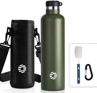 FEIJIAN FJbottle 316 Stainless Steel Vacuum Insulated Water Bottle 750ml/1000ml with Carabiner, BPA-Free Bottles, Leak-Proof Sports Bottle for Sports, Work, and Travel (1000 ml, Dark Green)