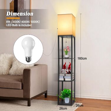 Світлодіодна торшер з дерева, 1.6м, з цоколюванням E27 (3000K-5000K), ретро торшер з 3 полицями, 3 колірні температури, настільна лампа з абажуром для спальні, кута, вітальні, офісу, чорний