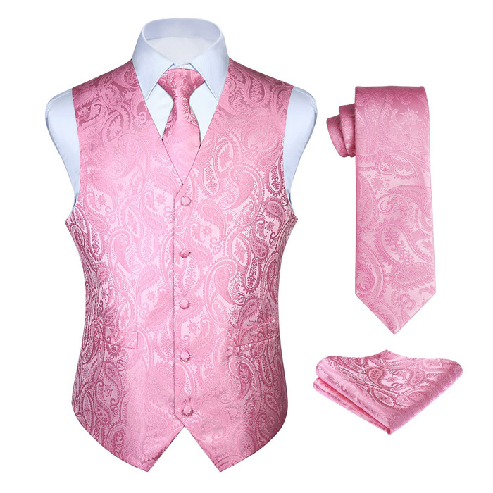 Жаккардова жилетка для костюма чоловіча Enlision на весілля з краваткою та нагрудником. Квітковий візерунок Paisley, рожева, XL