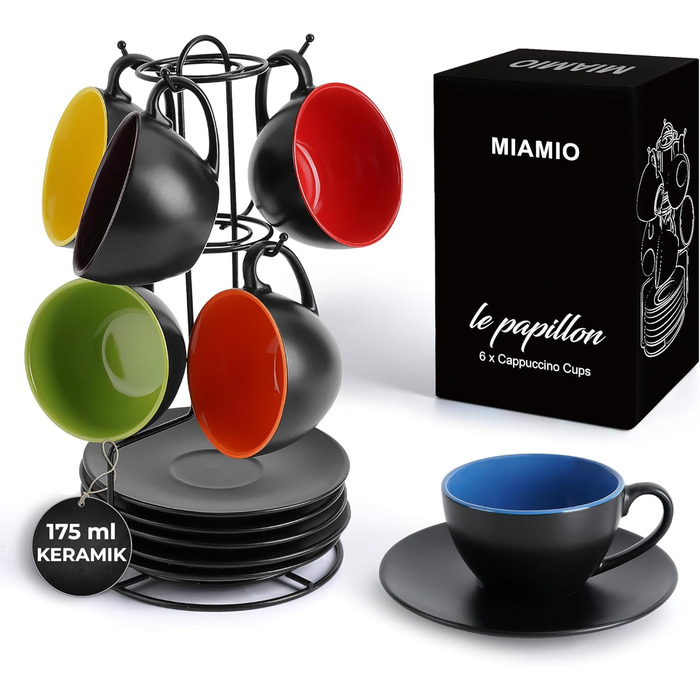 MIAMI - 6 x 175 ml Cappuccino Cups with Saucers & Stand/Cappuccino Cup Set - Le Papillon Collection (Colorful)