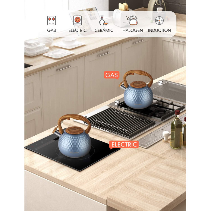 Чайник BELANKO Teekessel 2.7 л з дерев'яною ручкою, гучний свисток, чайник з нержавіючої сталі для плити, індукції, діамантовим дизайном, чорний (блакитний Glacier Blue)