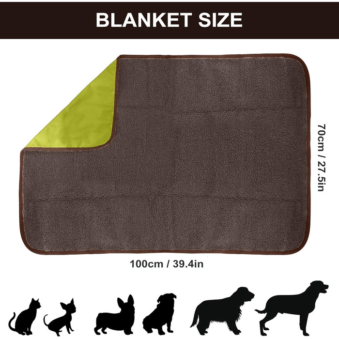 Килимок для собак Outdoor водонепроникний 100x70 см, миючий, для подорожей та кемпінгу, з сумкою та видаленням шерсті, теплий, великий, для собак та котів (зелений, вовна)