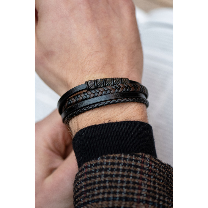 Чоловічий шкіряний браслет LUXMEN, чорний, регульований, з гравіюванням, 21 см