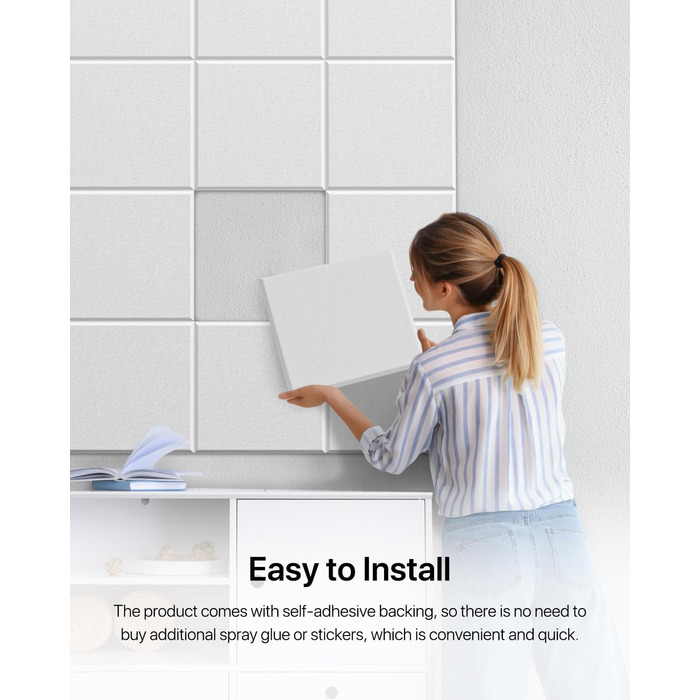 Акустичні панелі квадратні самоклейні для звукоізоляції стін, шумопоглинаючі плити високої щільності, 30x30x0.9 см, 18 шт, білі