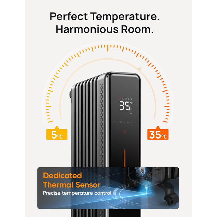 Dreo Oil Radiator, Energy-Saving, 2000W Electric Heater with 9 Fins, 3 Heat Settings, 4 Modes, 24h Timer, Overheat and Tip-Over Protection, Quiet Electric Radiator Heater with Thermostat, OH521