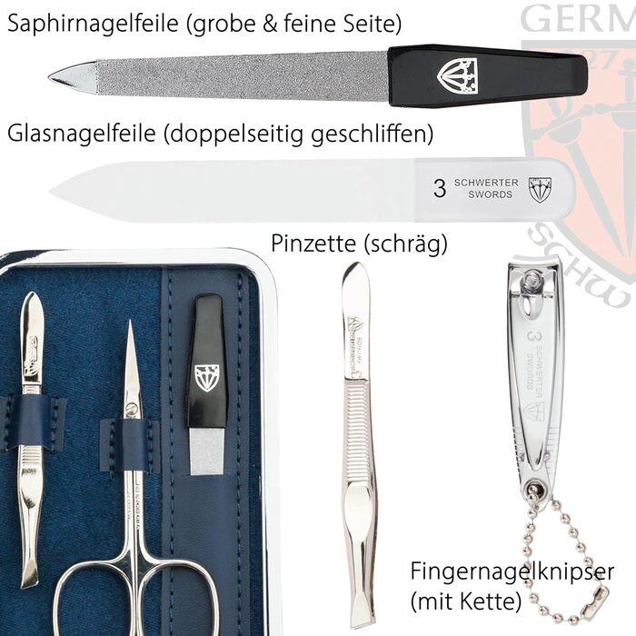 Набір манікюру DREI SCHWERTER 'Genova' 6 шт. | Німецький манікюрний набір у текстильному етою джинсового кольору | У комплекті: ножиці для нігтів, ножиці для кутикули, щипчики для нігтів, скляний наперсток, пінцет, алмазний наперсток БЛАУ / TEXTIL-JEANS
