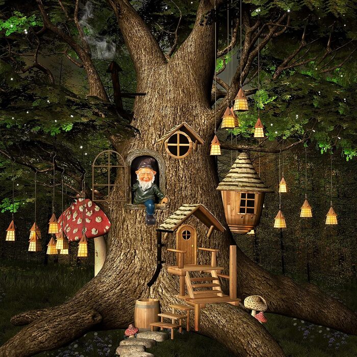 Thyle 4-Piece Garden Gnome Outdoor Tree Hugger Gnome Fairy Statue Elf Out The Door Resin Figure Hanging Ladder Decoration Tree Faces Decor Outdoor for Patio Yard Lawn